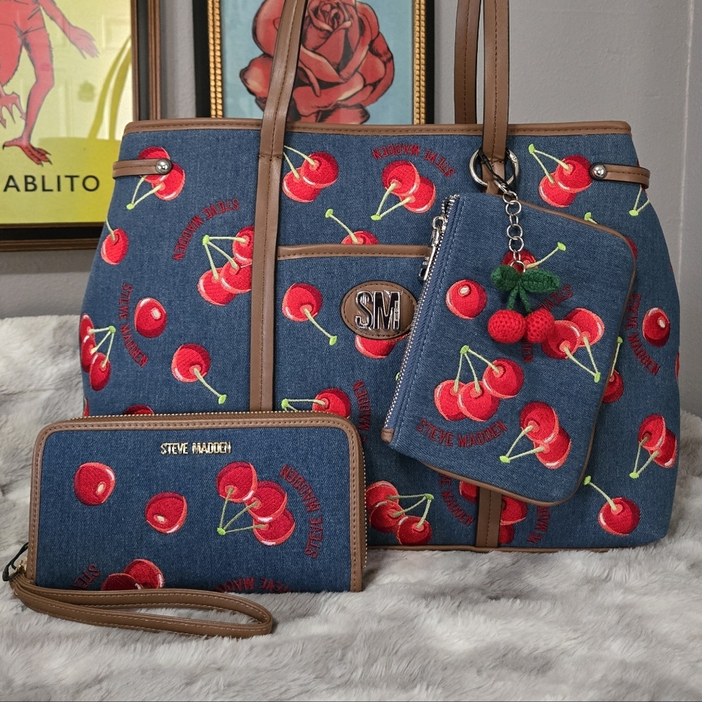 New Steve Madden Cherry Cherries Banselin Satchel 3 Pc Set
